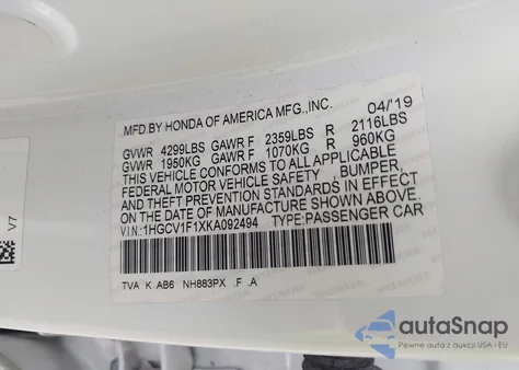 2019 Honda Accord Lx из США, поврежденный, VIN 1HGCV1F1XKA092494